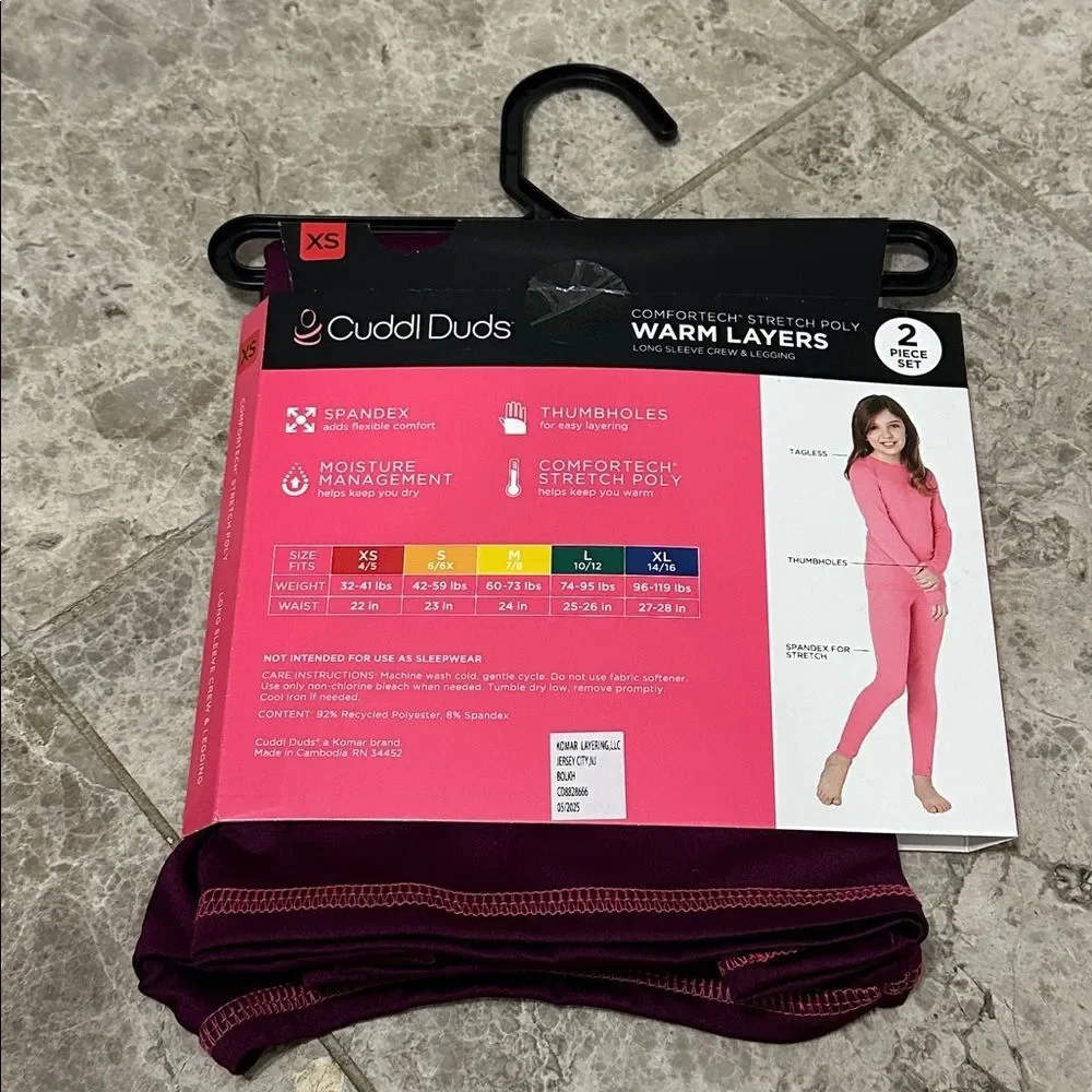 Cuddl Duds Warm Layers 2pc Base Layer Set NEW Comfort Stretch Purple XS 4/5